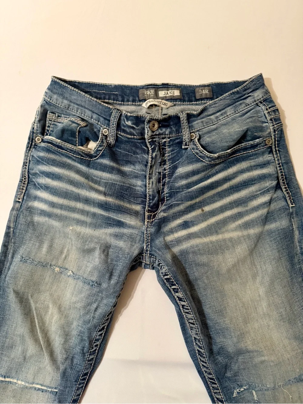 BKE Jake Jeans Mens 34x32 Dark Wash Straight Stretch Denim Whiskers Thrashed